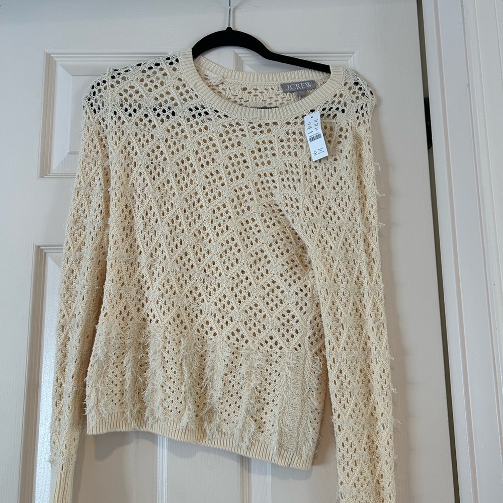 J. Crew Cotton Cream 
Pointelle Crewneck Sweater With Fringe Detail on Bottom